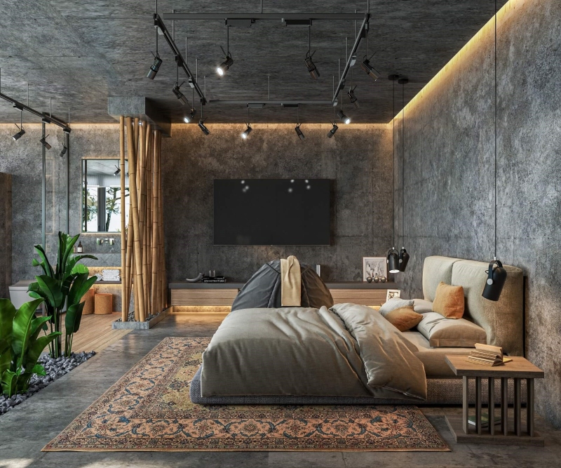 Phòng ngủ phong cách công nghiệp mộc mạc